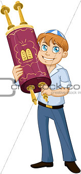 Jewish Boy Hold Torah For Bar Mitzvah