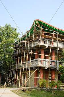 wooden bamboo scaffold in Lumbini, Nepal
