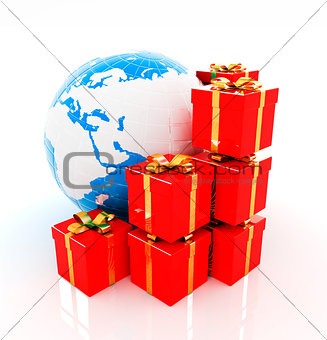 Traditional Christmas gifts and earth on a white background. Glo