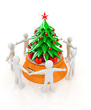 3D human around gift and Christmas tree