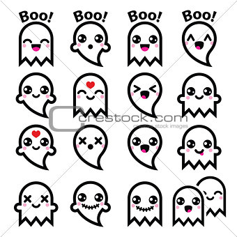 Kawaii cute ghost for Halloween icons set