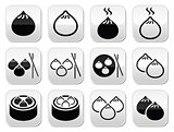 Chinese dumplings, Asian food Dim Sum vector buttons set