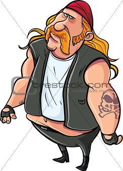 Cartoon fat biker with tatoo