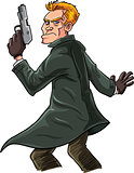 Cartoon spy with a gun looking over his shoulder