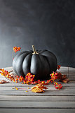 Black colored pumpkin with berries and leaves on table