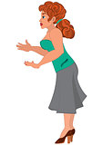 Cartoon woman in green top and brown skirt