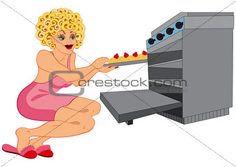 Cartoon woman in pink dress and slippers baking