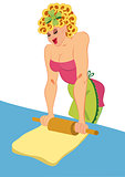 Cartoon woman in pink dress rolling dough
