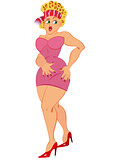 Cartoon woman in pink dress standing with open mouth