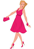 Cartoon woman in pink dress walking