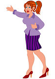 Cartoon woman in purple shirt and striped skirt