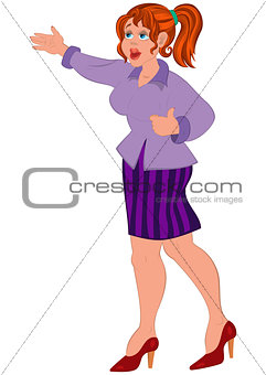 Cartoon woman in purple shirt and striped skirt