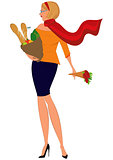 Cartoon woman in red scarf with shopping bag and flowers