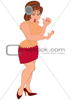 Cartoon woman in red skirt listening music