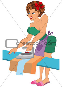 Cartoon woman in red slippers ironing