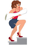 Cartoon woman in red top running with rolled paper