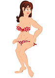 Cartoon woman putting on red swimsuit