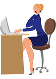 Cartoon woman secretary talking on phone and typing