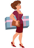 Cartoon woman with big box in striped skirt