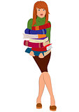 Cartoon young woman holding stack of books