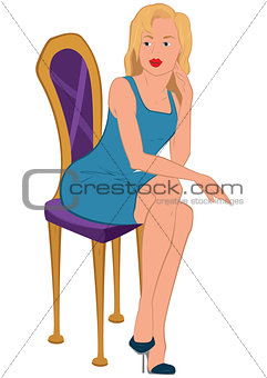 Cartoon young woman in blue dress sitting on purple chair
