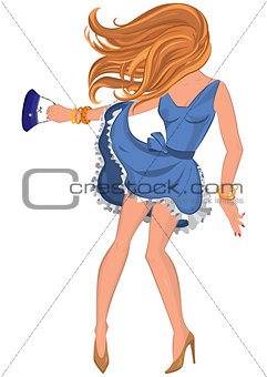 Cartoon young woman in blue dress with hair blown by wind