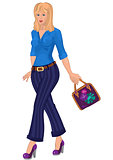 Cartoon young woman in blue pants with purple bag