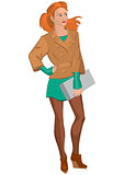 Cartoon young woman in brown jacket and green skirt