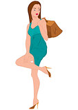 Cartoon young woman in green dress and bag over her shoulder