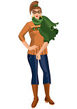 Cartoon young woman in green scarf and brown boots