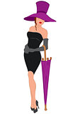 Cartoon young woman in mini black dress with umbrella and hat