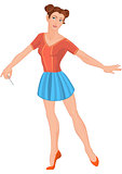 Cartoon young woman in mini blue skirt and stick in her hand