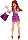 Cartoon young woman in mini purple dress with bag