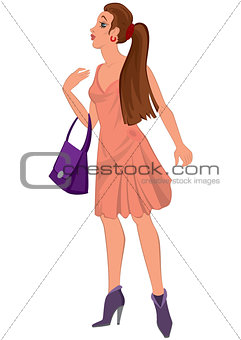 Cartoon young woman in pink dress and purple bag