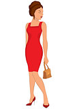 Cartoon young woman in red dress and closed eyes