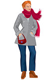 Cartoon young woman in red scarf and gray coat
