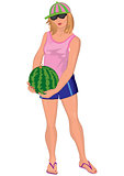 Cartoon young woman in sunglasses with watermelon