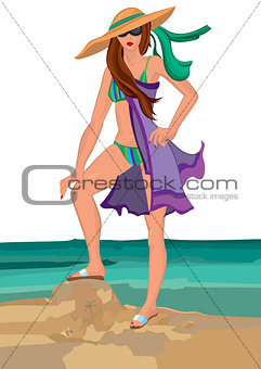 Cartoon young woman in swimsuit in sunglasses and hat