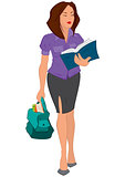 Cartoon young woman reading book and holding bag
