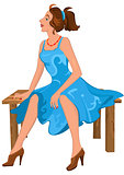Cartoon young woman sitting on brown bench in blue dress