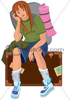 Cartoon young woman sitting on brown suitcase with backpack