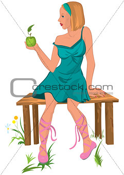 Cartoon young woman sitting on the bench with apple in her hand