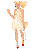 Cartoon young woman with blond hair and red shoes