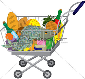 Grocery store shopping cart with food items and fish