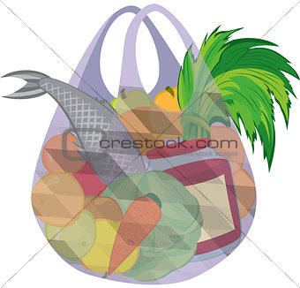 Plastic transparent shopping bag full of fruits vegetables and f