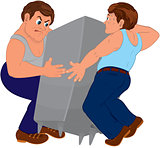 Two cartoon men in blue pants and blue tops holding furniture
