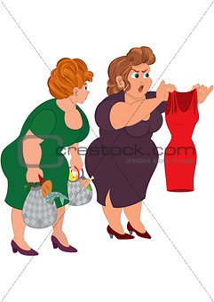 Two fat cartoon women looking on small red dress