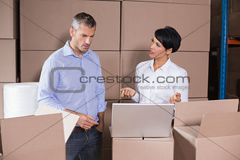 Pretty warehouse manager using laptop with colleague