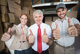 Warehouse managers and delivery driver smiling at camera