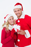 Attractive young couple wearing santa hats with gift